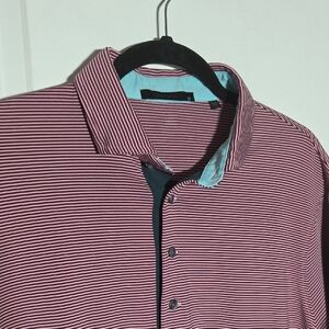 Greyson Men's Maroon and Light Blue Striped Polo Size Medium